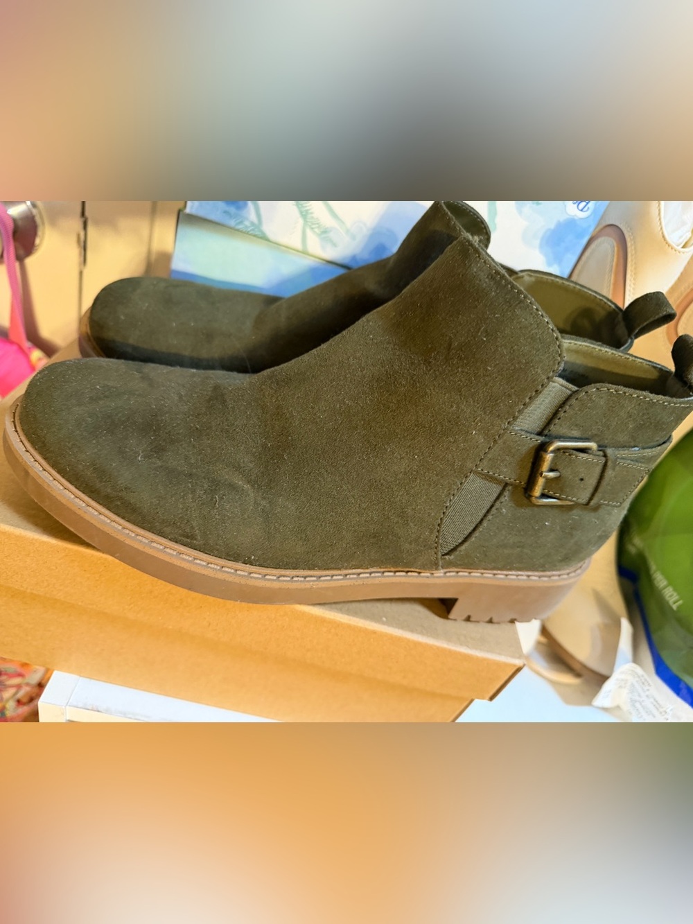 Esprit Olive Green Suede Ankle Boots with Buckle